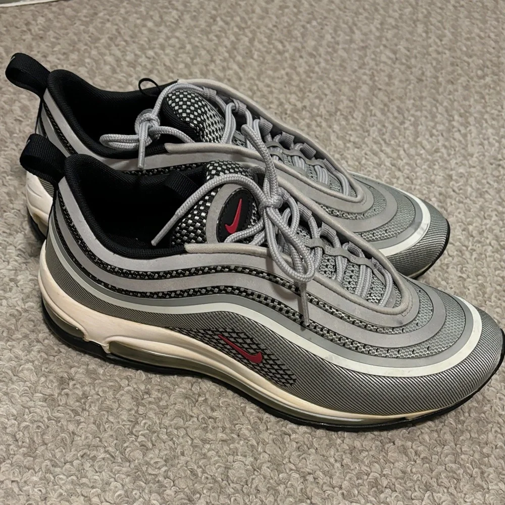 Nike Men’s Air Max 97 Sneakers - Gray with Red Accents - Picture 1 of 2